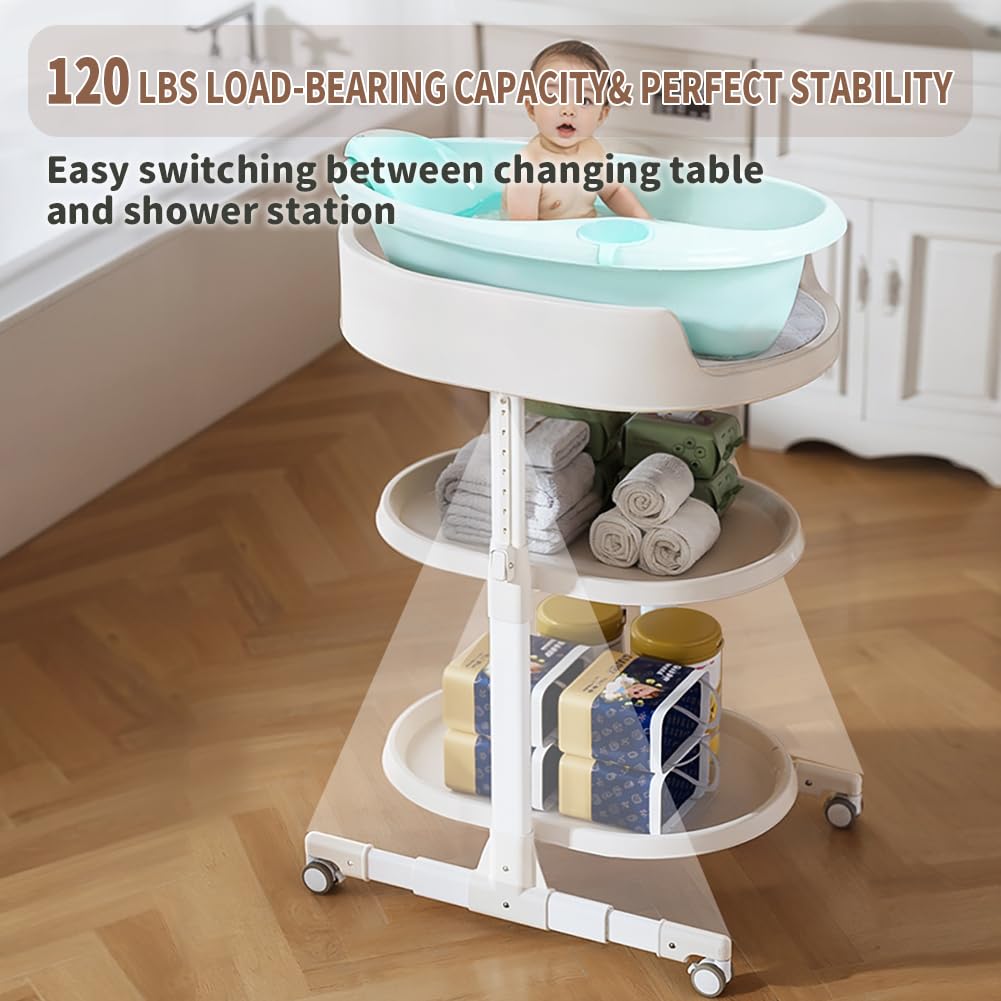 Diaper Changing Station, Portable Changing Table for Baby, Diaper Changing Table with Storage Drawers, Waterproof Baby Changing Station with Wheels and Adjustable Height for Newborn Infant (White)