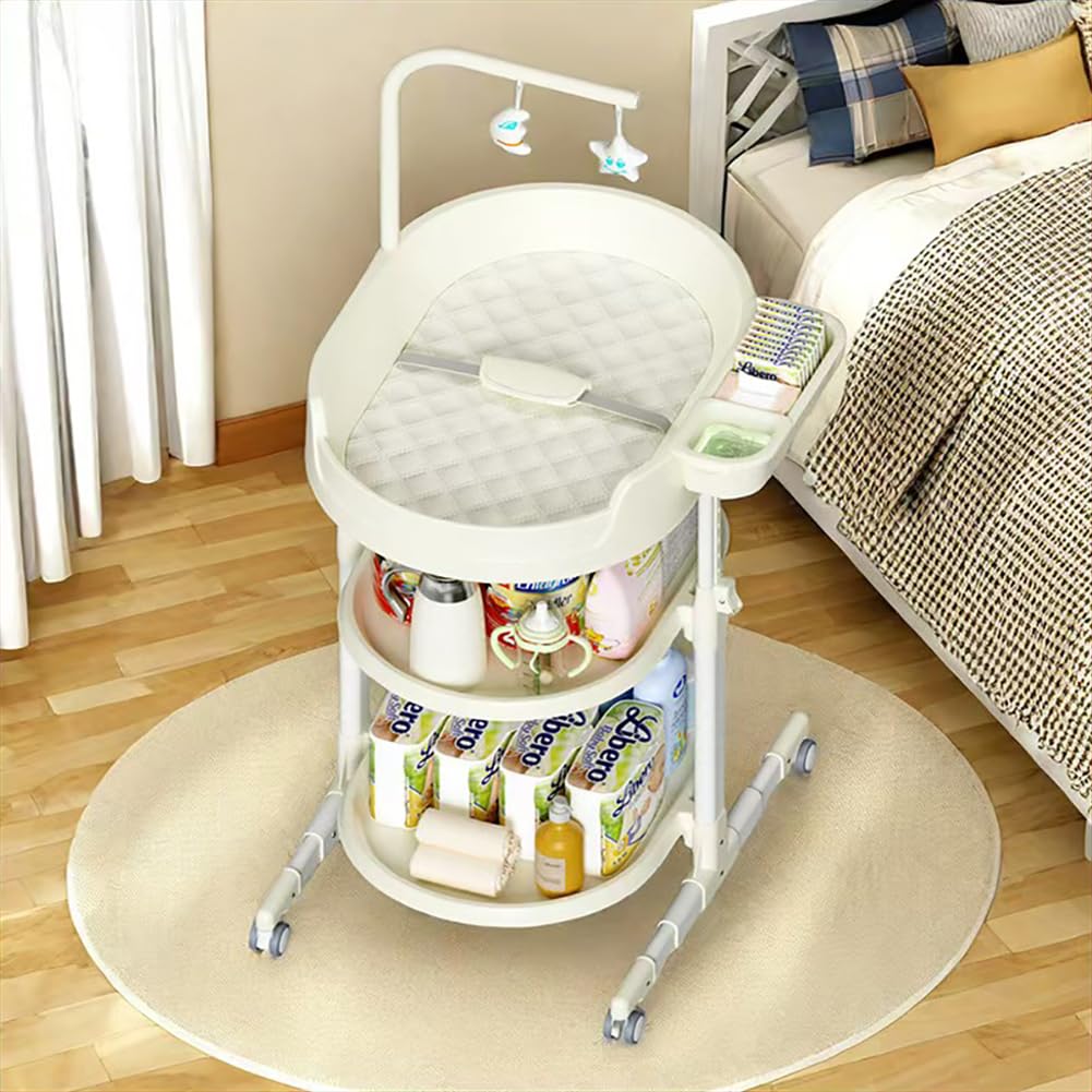 Diaper Changing Station, Portable Changing Table for Baby, Diaper Changing Table with Storage Drawers, Waterproof Baby Changing Station with Wheels and Adjustable Height for Newborn Infant (White)