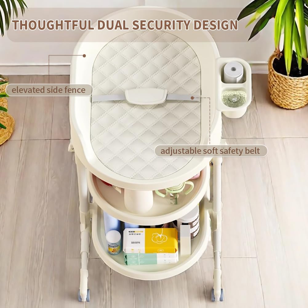 Diaper Changing Station, Portable Changing Table for Baby, Diaper Changing Table with Storage Drawers, Waterproof Baby Changing Station with Wheels and Adjustable Height for Newborn Infant (White)