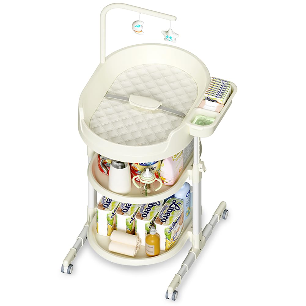 Diaper Changing Station, Portable Changing Table for Baby, Diaper Changing Table with Storage Drawers, Waterproof Baby Changing Station with Wheels and Adjustable Height for Newborn Infant (White)