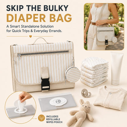 Portable Diaper Changing Pad - Large, Waterproof Travel Changing Pad for Baby with Extra Storage, Wipes Pocket & Pacifier Case - Portable Diaper Changing Station - Beige Striped