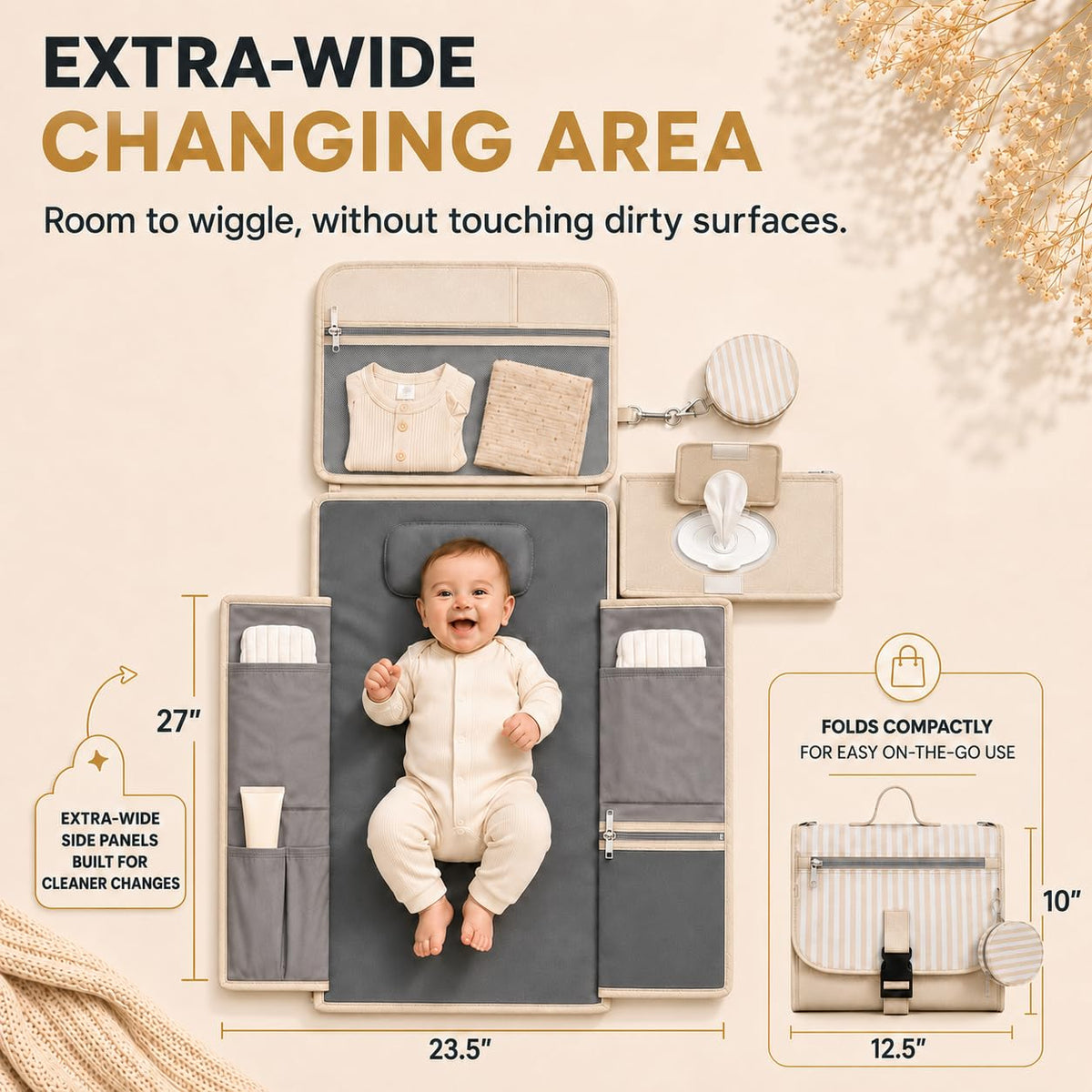 Portable Diaper Changing Pad - Large, Waterproof Travel Changing Pad for Baby with Extra Storage, Wipes Pocket & Pacifier Case - Portable Diaper Changing Station - Beige Striped