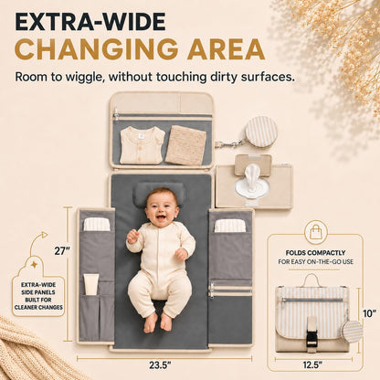 Portable Diaper Changing Pad - Large, Waterproof Travel Changing Pad for Baby with Extra Storage, Wipes Pocket & Pacifier Case - Portable Diaper Changing Station - Beige Striped