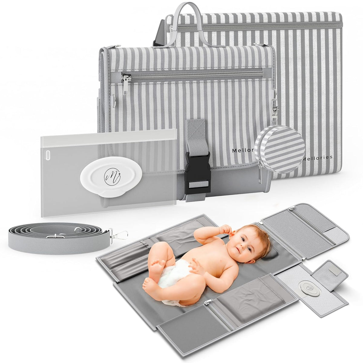 Portable Diaper Changing Pad - Large, Waterproof Travel Changing Pad for Baby with Extra Storage, Wipes Pocket & Pacifier Case - Portable Diaper Changing Station - Beige Striped