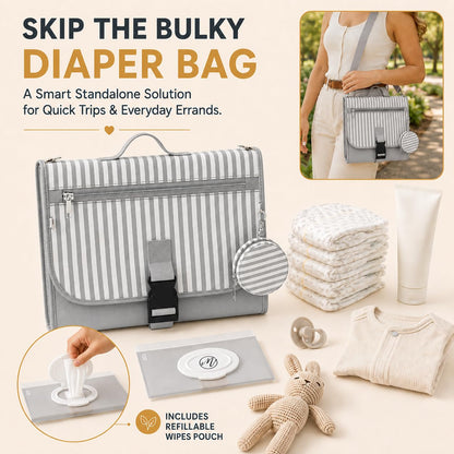 Portable Diaper Changing Pad - Large, Waterproof Travel Changing Pad for Baby with Extra Storage, Wipes Pocket & Pacifier Case - Portable Diaper Changing Station - Beige Striped