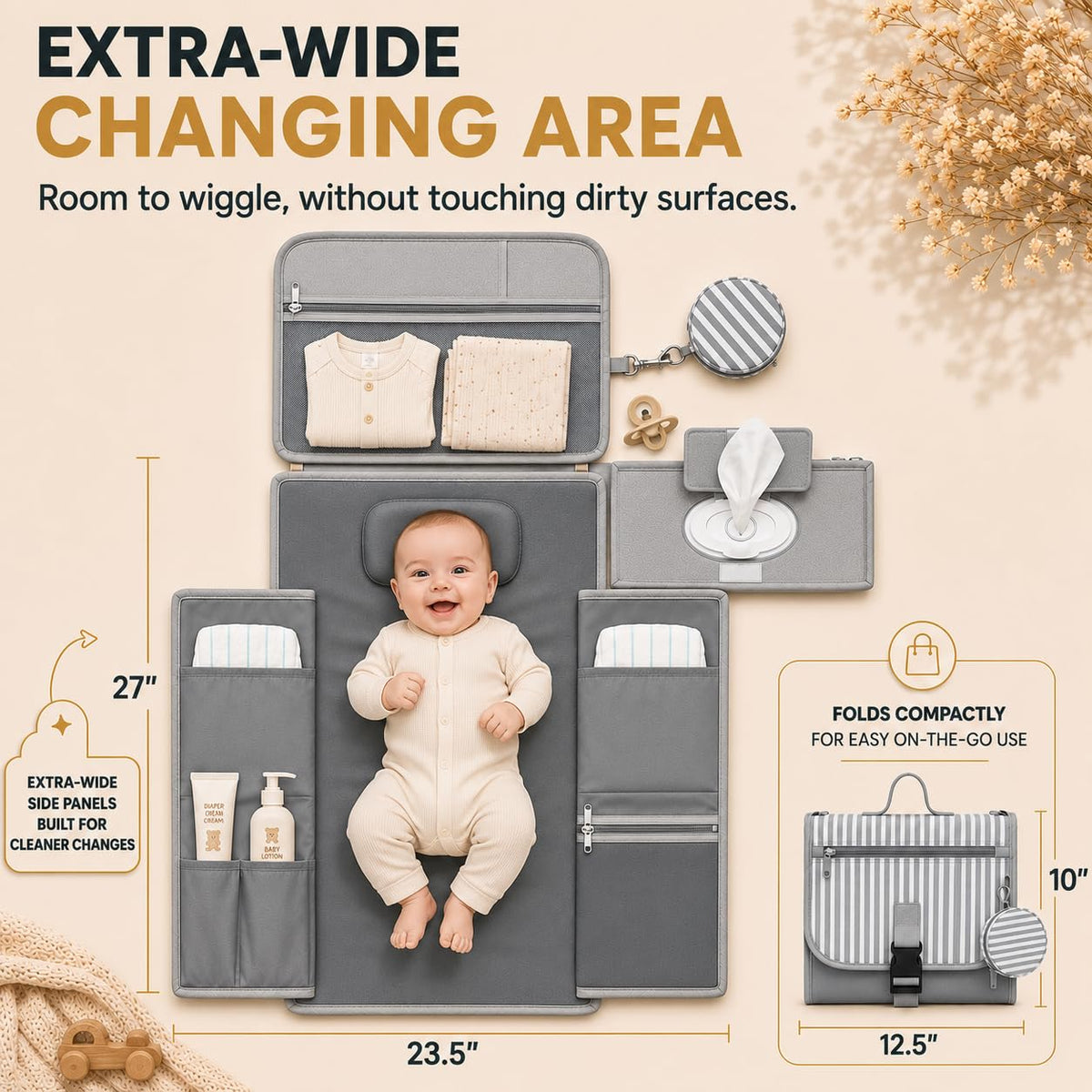 Portable Diaper Changing Pad - Large, Waterproof Travel Changing Pad for Baby with Extra Storage, Wipes Pocket & Pacifier Case - Portable Diaper Changing Station - Beige Striped