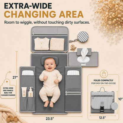 Portable Diaper Changing Pad - Large, Waterproof Travel Changing Pad for Baby with Extra Storage, Wipes Pocket & Pacifier Case - Portable Diaper Changing Station - Beige Striped
