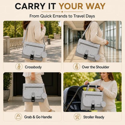 Portable Diaper Changing Pad - Large, Waterproof Travel Changing Pad for Baby with Extra Storage, Wipes Pocket & Pacifier Case - Portable Diaper Changing Station - Beige Striped
