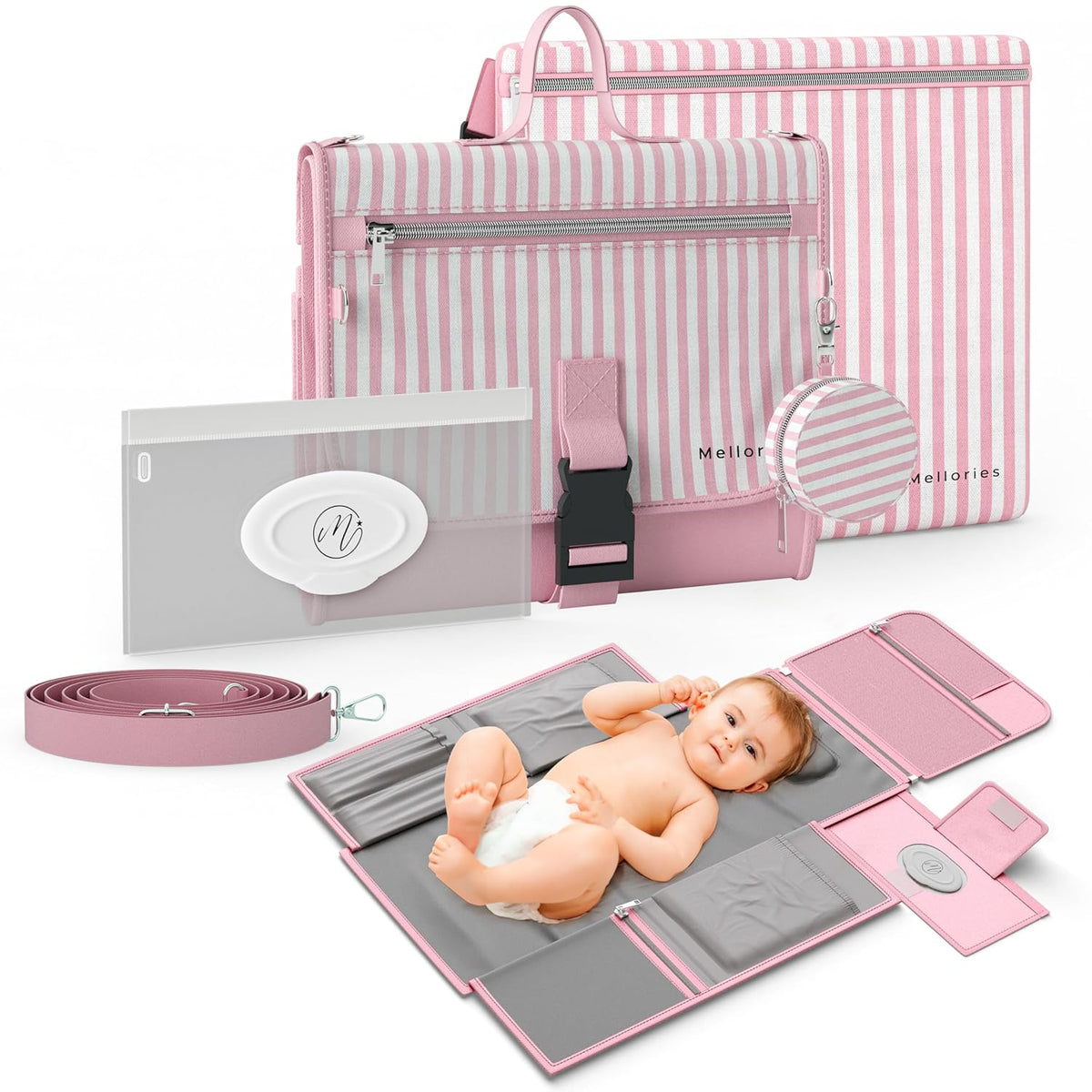 Portable Diaper Changing Pad - Large, Waterproof Travel Changing Pad for Baby with Extra Storage, Wipes Pocket & Pacifier Case - Portable Diaper Changing Station - Beige Striped