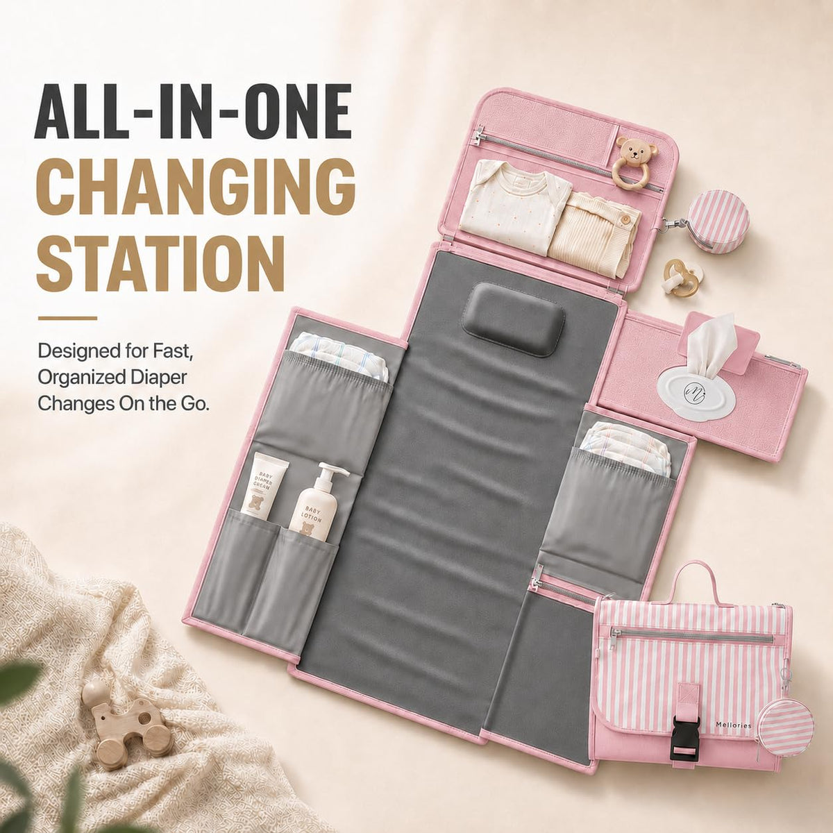Portable Diaper Changing Pad - Large, Waterproof Travel Changing Pad for Baby with Extra Storage, Wipes Pocket & Pacifier Case - Portable Diaper Changing Station - Beige Striped