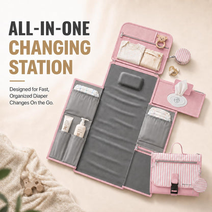 Portable Diaper Changing Pad - Large, Waterproof Travel Changing Pad for Baby with Extra Storage, Wipes Pocket & Pacifier Case - Portable Diaper Changing Station - Beige Striped