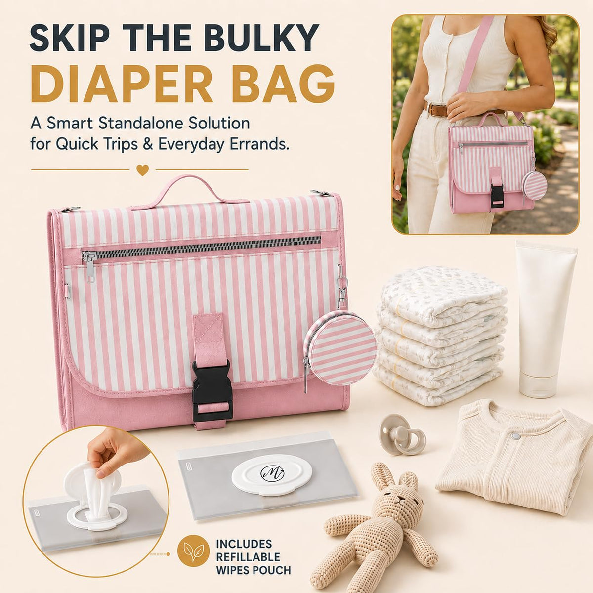 Portable Diaper Changing Pad - Large, Waterproof Travel Changing Pad for Baby with Extra Storage, Wipes Pocket & Pacifier Case - Portable Diaper Changing Station - Beige Striped