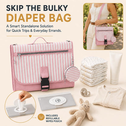 Portable Diaper Changing Pad - Large, Waterproof Travel Changing Pad for Baby with Extra Storage, Wipes Pocket & Pacifier Case - Portable Diaper Changing Station - Beige Striped