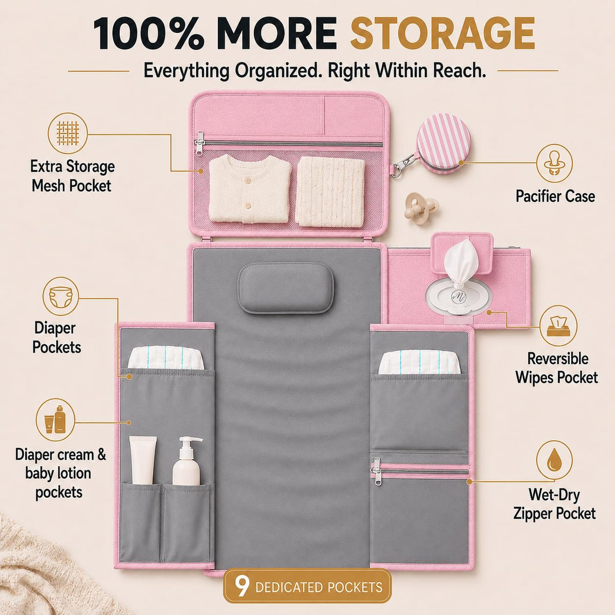 Portable Diaper Changing Pad - Large, Waterproof Travel Changing Pad for Baby with Extra Storage, Wipes Pocket & Pacifier Case - Portable Diaper Changing Station - Beige Striped