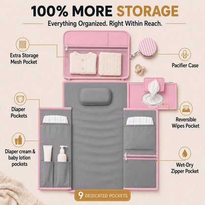 Portable Diaper Changing Pad - Large, Waterproof Travel Changing Pad for Baby with Extra Storage, Wipes Pocket & Pacifier Case - Portable Diaper Changing Station - Beige Striped
