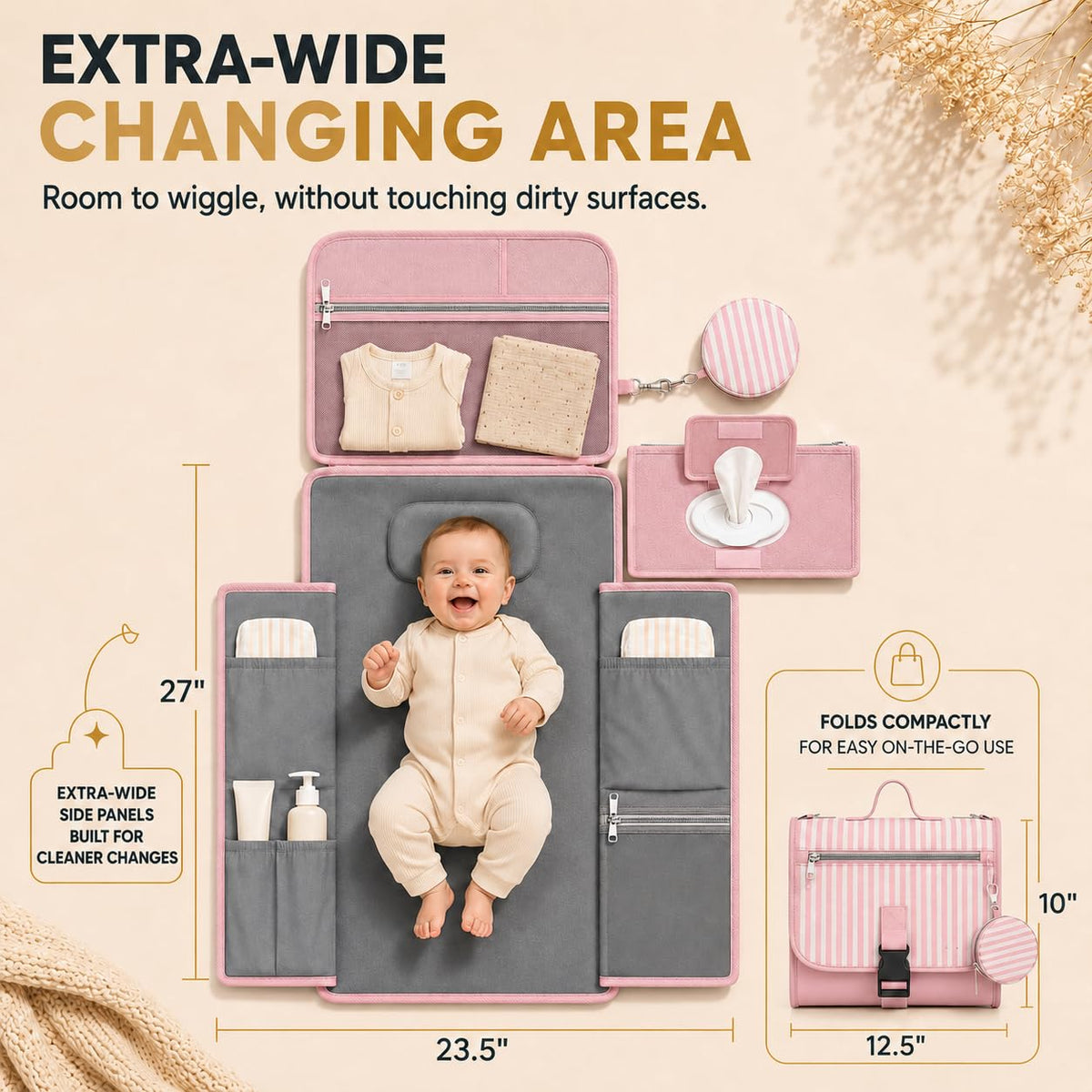 Portable Diaper Changing Pad - Large, Waterproof Travel Changing Pad for Baby with Extra Storage, Wipes Pocket & Pacifier Case - Portable Diaper Changing Station - Beige Striped