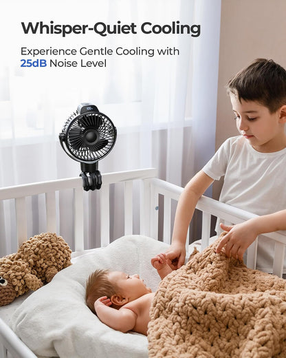 Portable Stroller Fan for Baby, Rechargeable Battery Operated, 3 Speeds, 360° Rotation, 25db Low Noise,Digital Display, Detachable Flexible Tripod Clip-on Car Seats, Tent, Crib, Treadmill