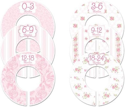 C102 Baby Girl Nursery Closet Clothing Size Dividers Pink Roses Set of 6 (1.25 Inch Rod)