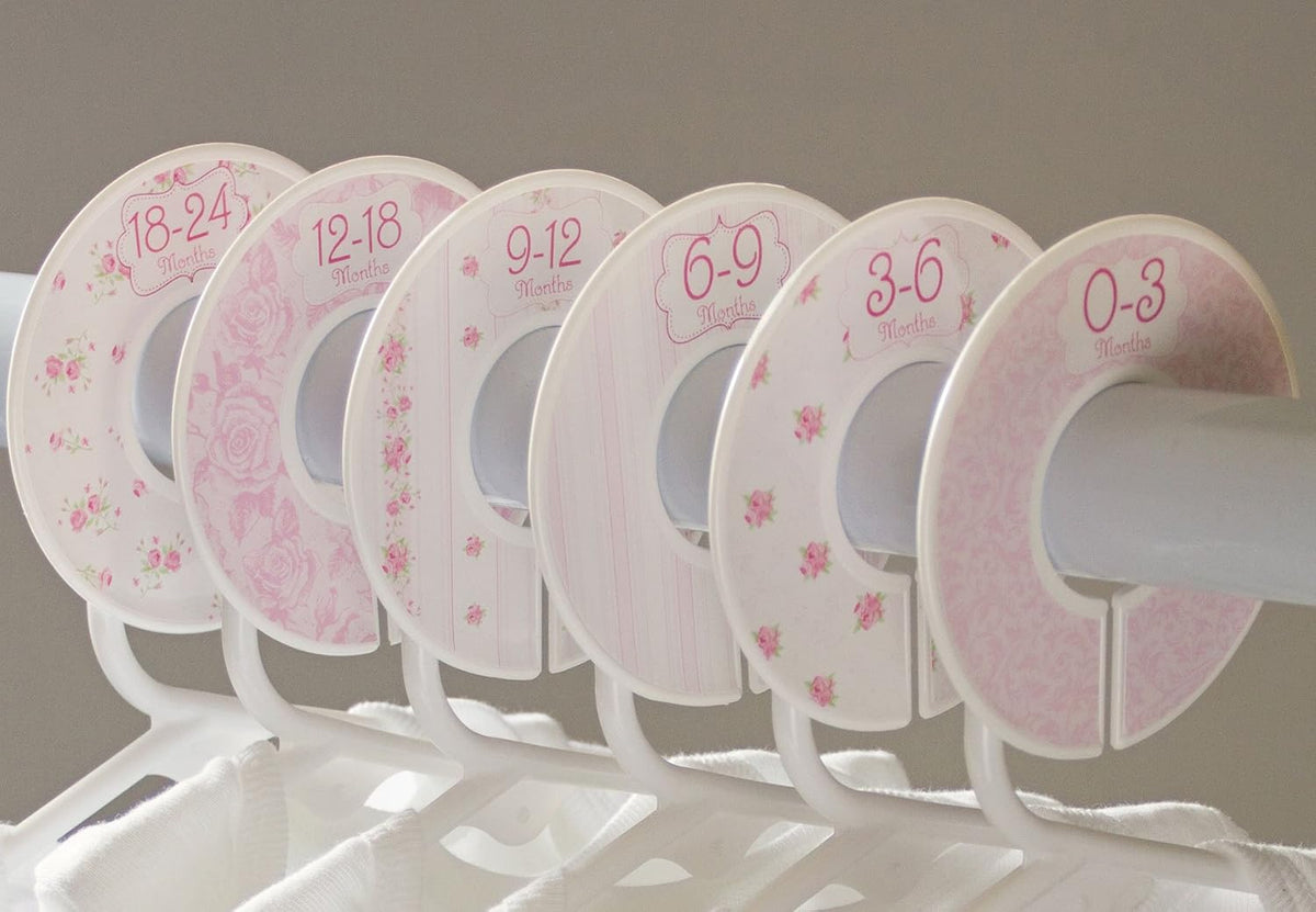 C102 Baby Girl Nursery Closet Clothing Size Dividers Pink Roses Set of 6 (1.25 Inch Rod)