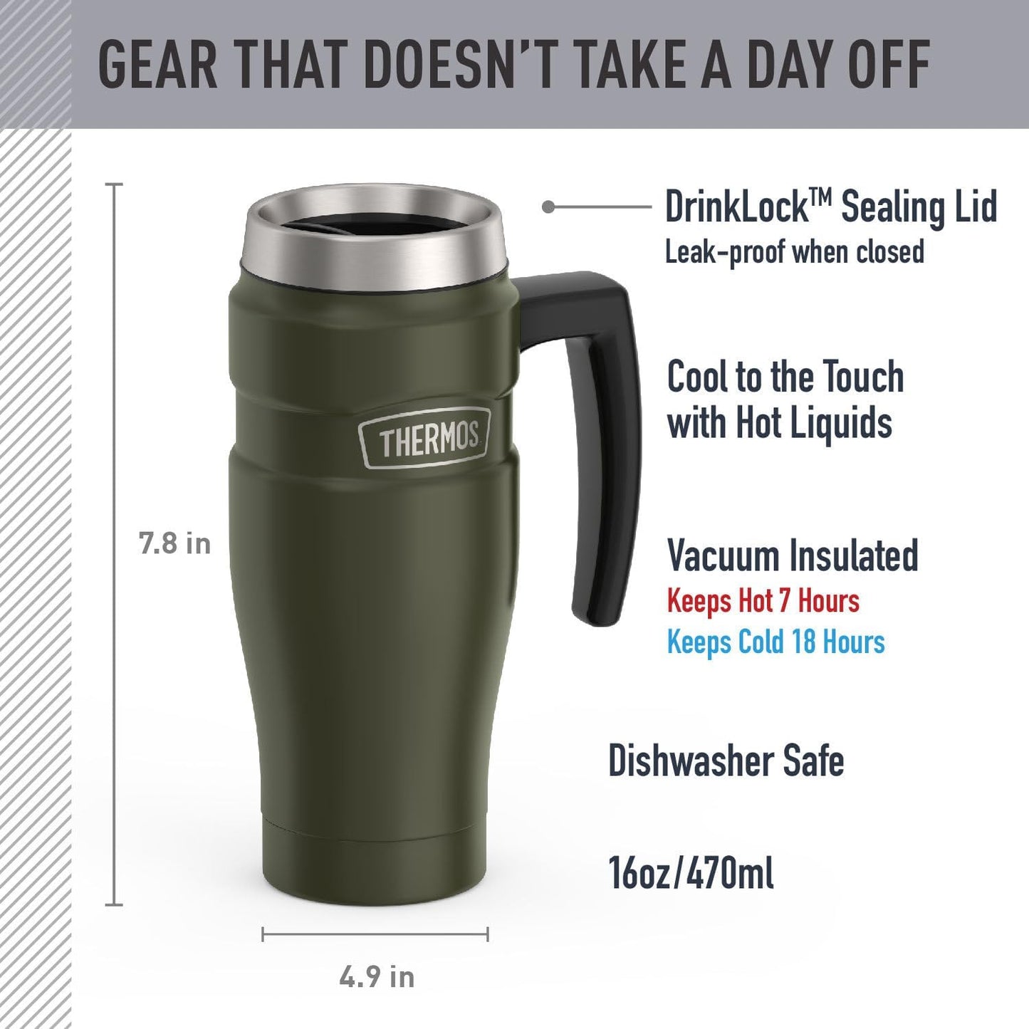Stainless King Travel Mug with Handle, 16oz, Matte Steel | Vacuum-Insulated Travel Mug with Handle for Hot & Cold Drinks, Stainless Steel Coffee Mug with Lid for Commuting