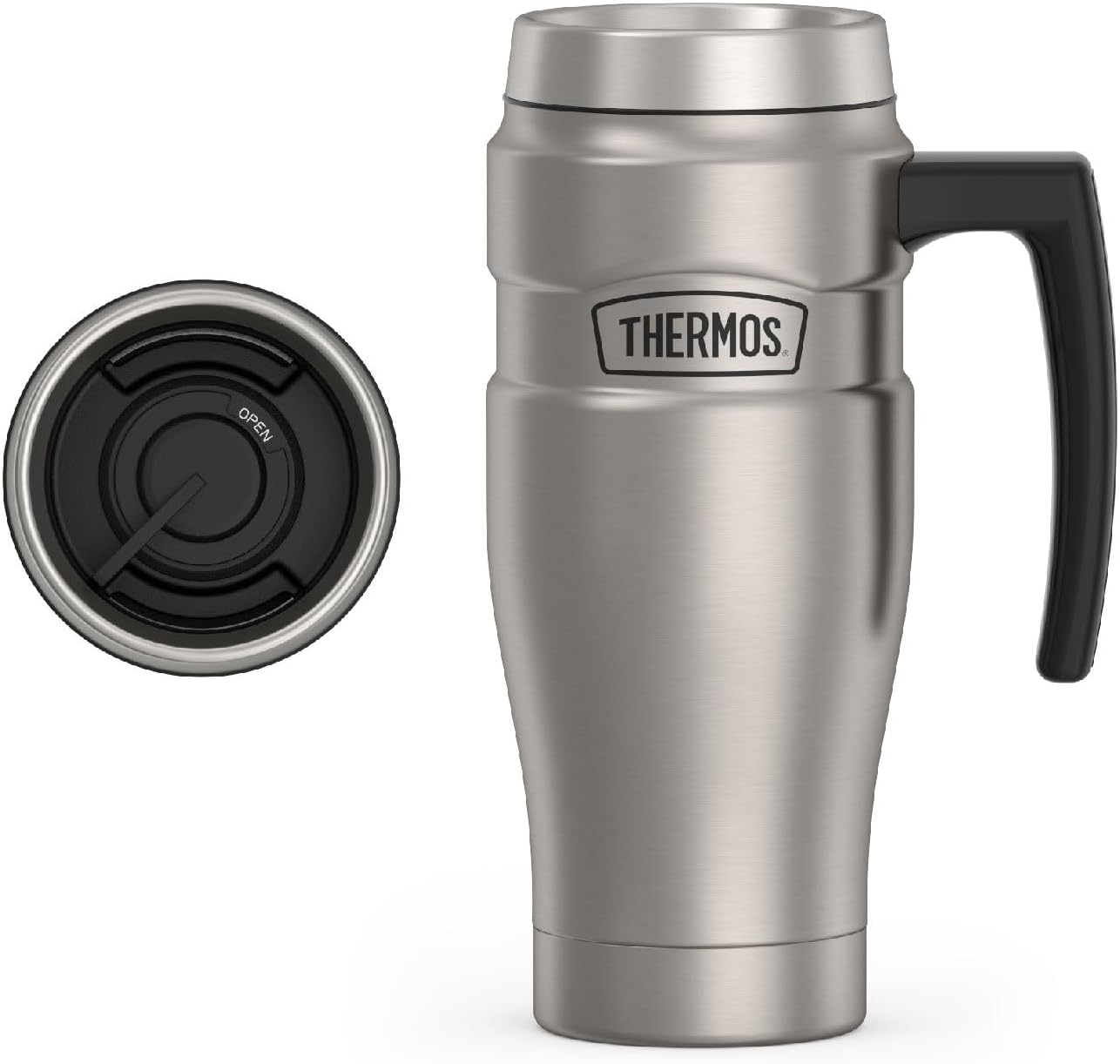 Stainless King Travel Mug with Handle, 16oz, Matte Steel | Vacuum-Insulated Travel Mug with Handle for Hot & Cold Drinks, Stainless Steel Coffee Mug with Lid for Commuting