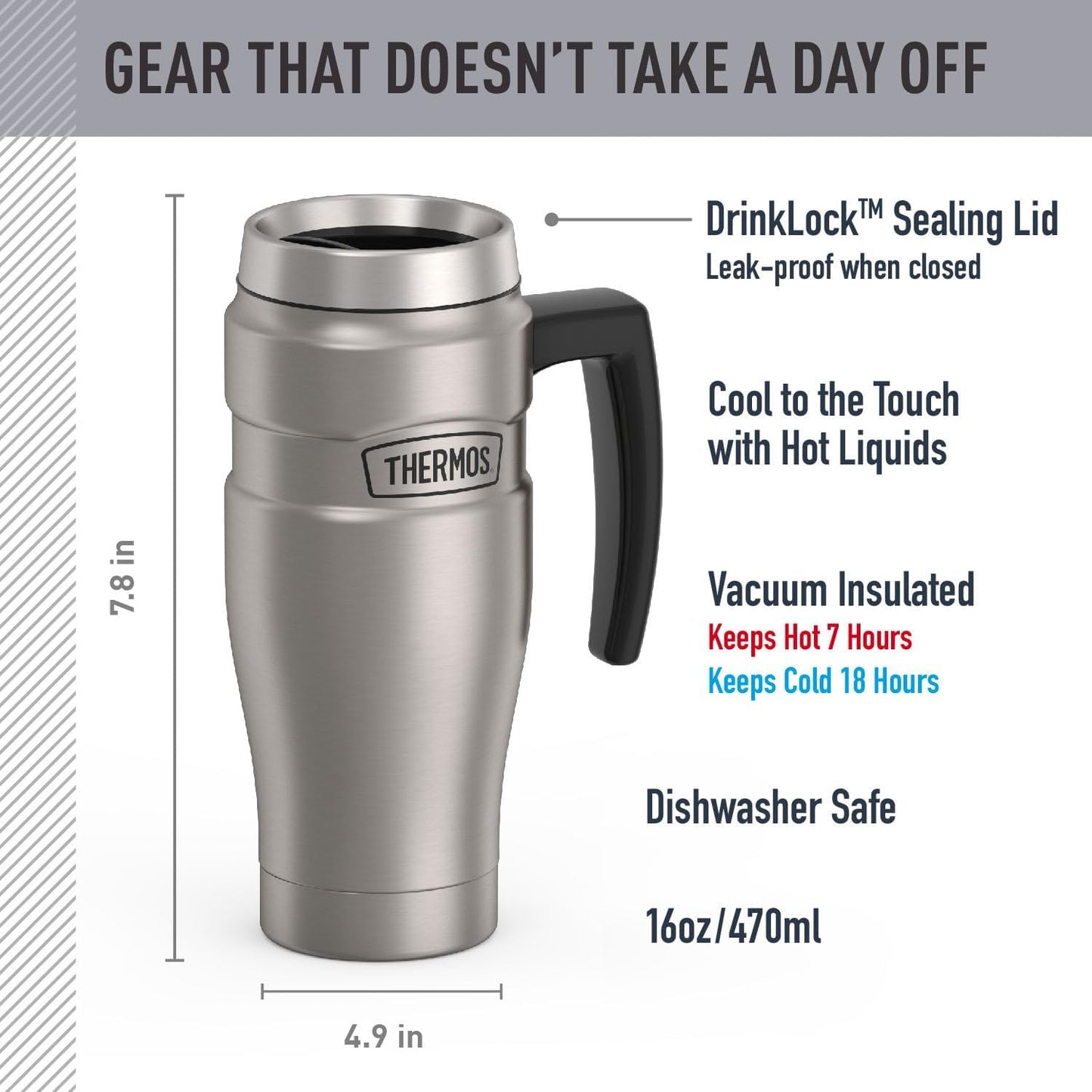 Stainless King Travel Mug with Handle, 16oz, Matte Steel | Vacuum-Insulated Travel Mug with Handle for Hot & Cold Drinks, Stainless Steel Coffee Mug with Lid for Commuting
