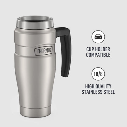 Stainless King Travel Mug with Handle, 16oz, Matte Steel | Vacuum-Insulated Travel Mug with Handle for Hot & Cold Drinks, Stainless Steel Coffee Mug with Lid for Commuting