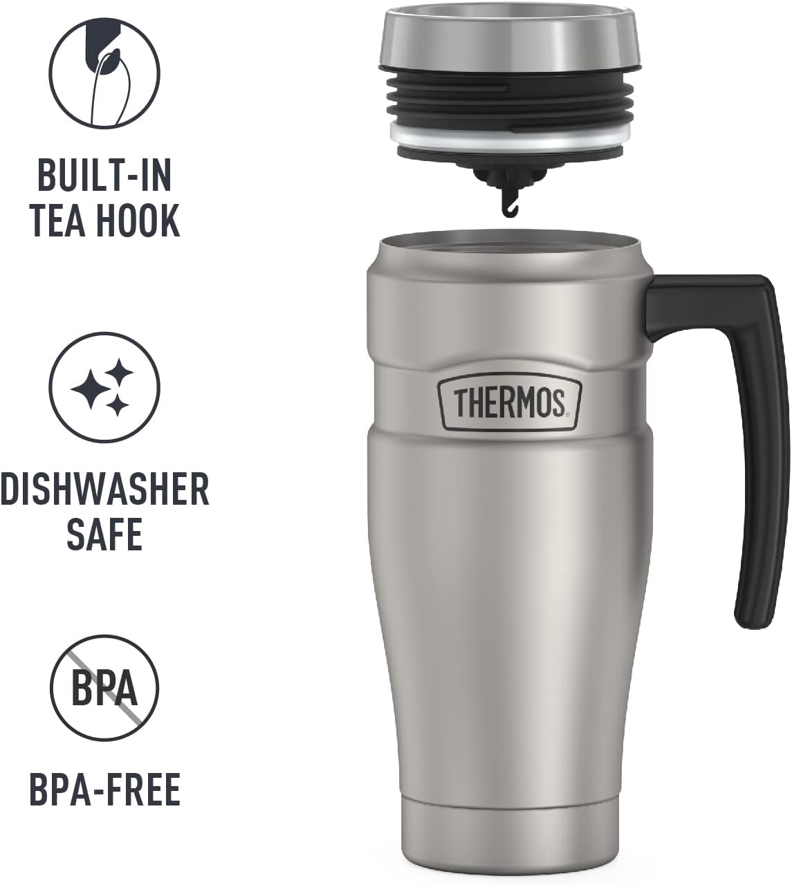 Stainless King Travel Mug with Handle, 16oz, Matte Steel | Vacuum-Insulated Travel Mug with Handle for Hot & Cold Drinks, Stainless Steel Coffee Mug with Lid for Commuting
