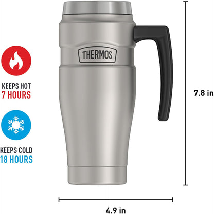 Stainless King Travel Mug with Handle, 16oz, Matte Steel | Vacuum-Insulated Travel Mug with Handle for Hot & Cold Drinks, Stainless Steel Coffee Mug with Lid for Commuting