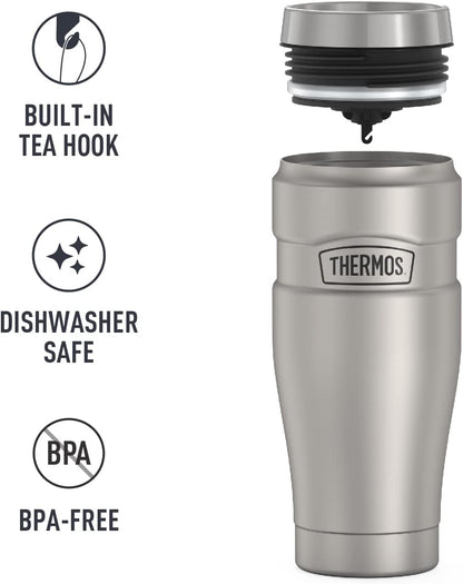 Stainless King Travel Mug with Handle, 16oz, Matte Steel | Vacuum-Insulated Travel Mug with Handle for Hot & Cold Drinks, Stainless Steel Coffee Mug with Lid for Commuting