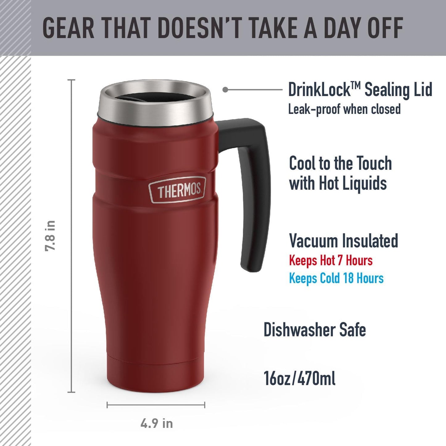 Stainless King Travel Mug with Handle, 16oz, Matte Steel | Vacuum-Insulated Travel Mug with Handle for Hot & Cold Drinks, Stainless Steel Coffee Mug with Lid for Commuting