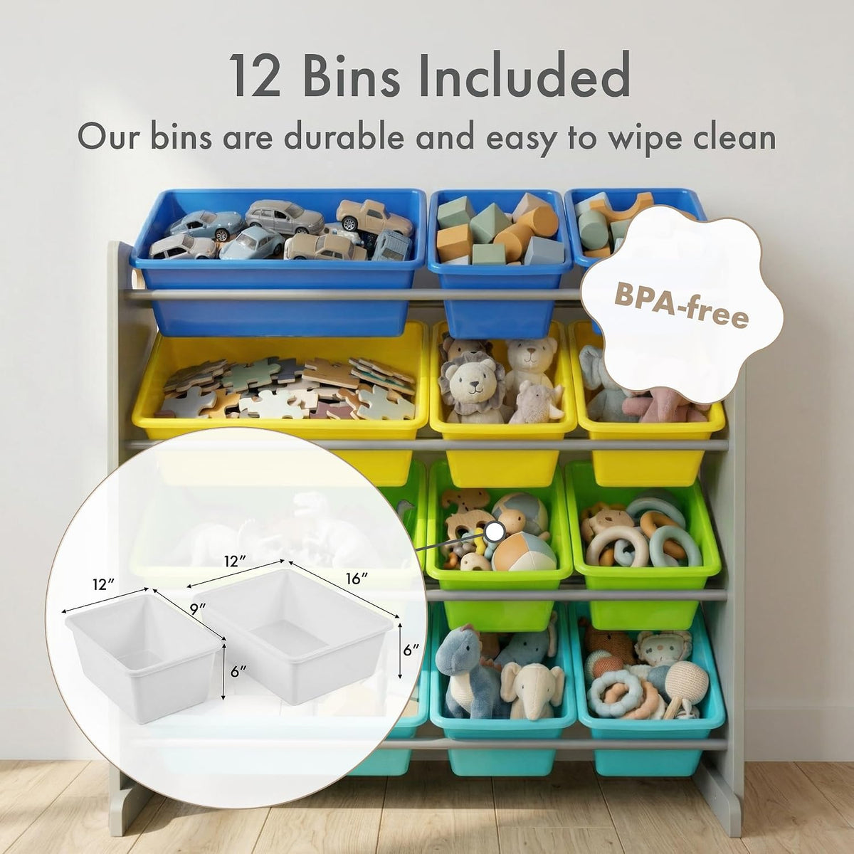 Kids Toy Organizer with 12 Bins, 4 Tier Storage for Playroom