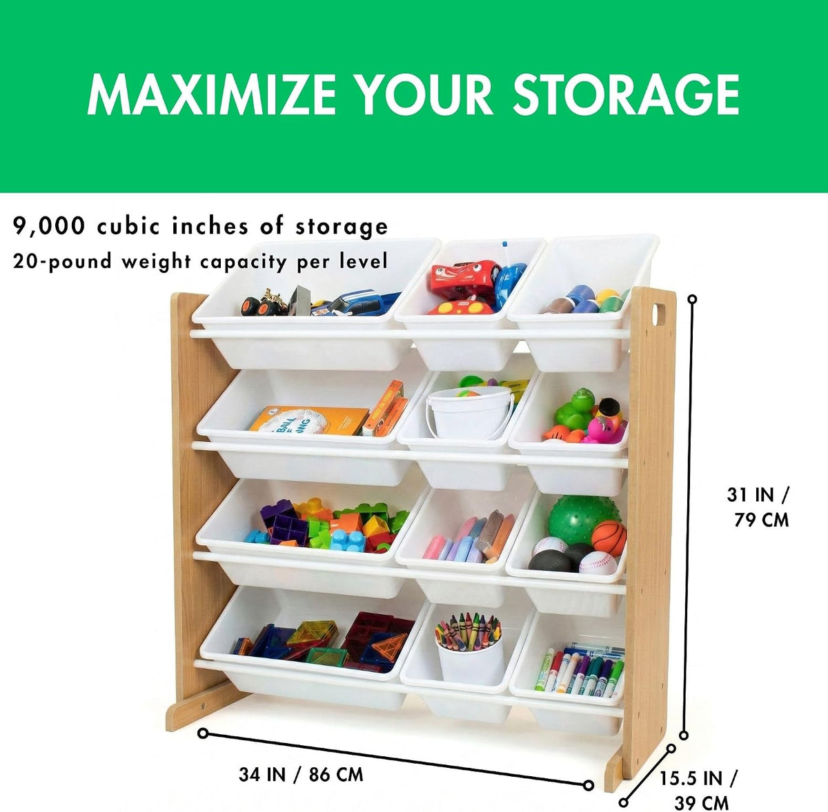 Kids Toy Organizer with 12 Bins, 4 Tier Storage for Playroom