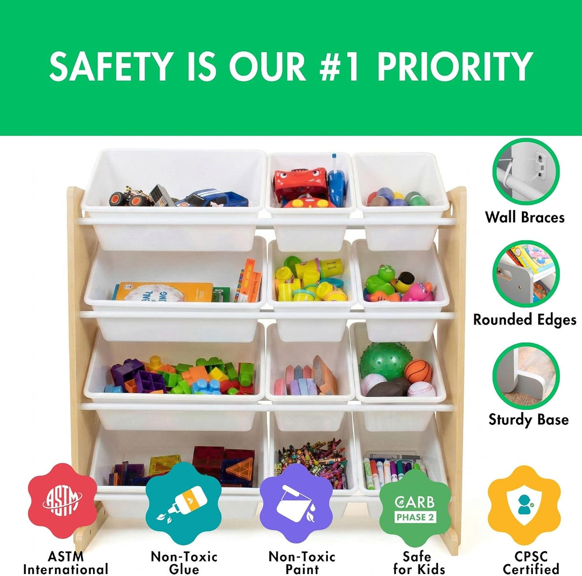 Kids Toy Organizer with 12 Bins, 4 Tier Storage for Playroom