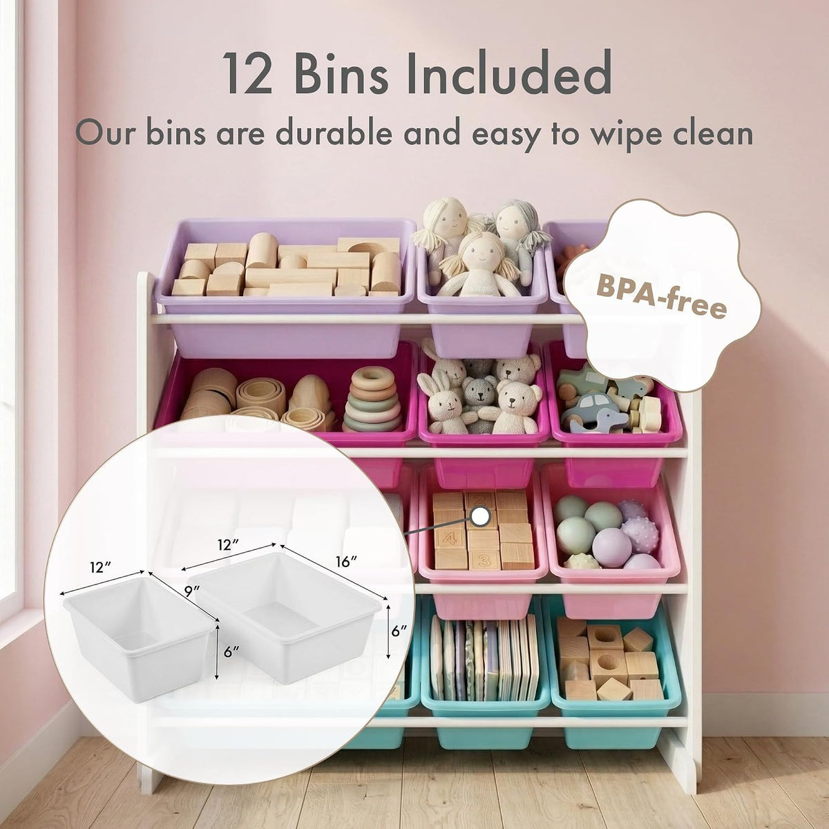 Kids Toy Organizer with 12 Bins, 4 Tier Storage for Playroom