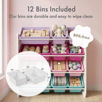 Kids Toy Organizer with 12 Bins, 4 Tier Storage for Playroom