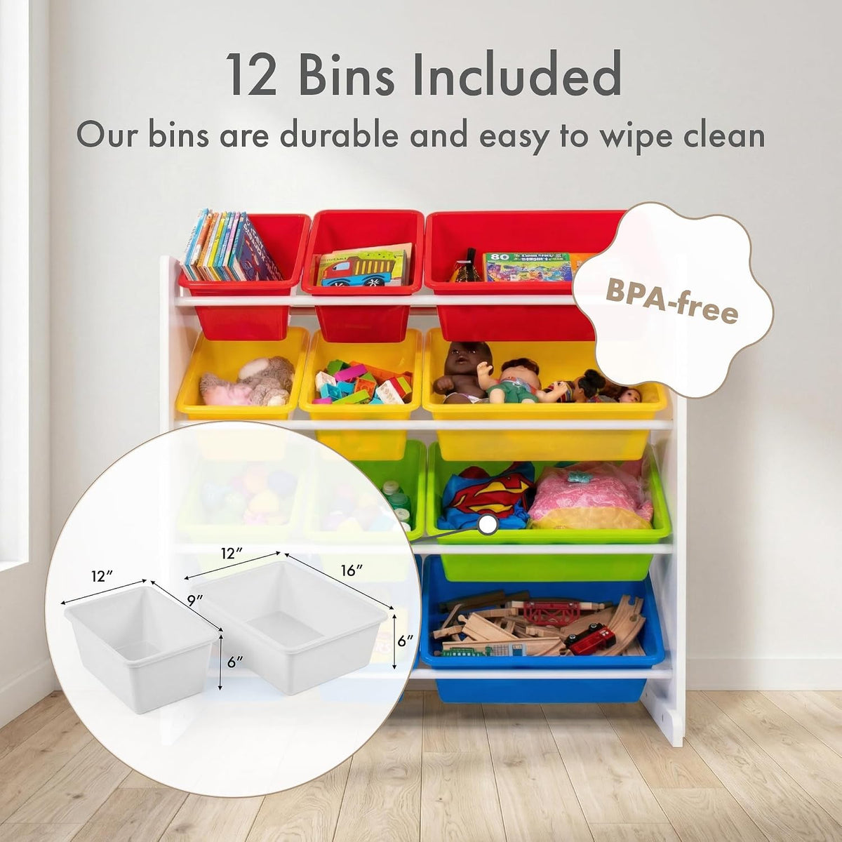 Kids Toy Organizer with 12 Bins, 4 Tier Storage for Playroom
