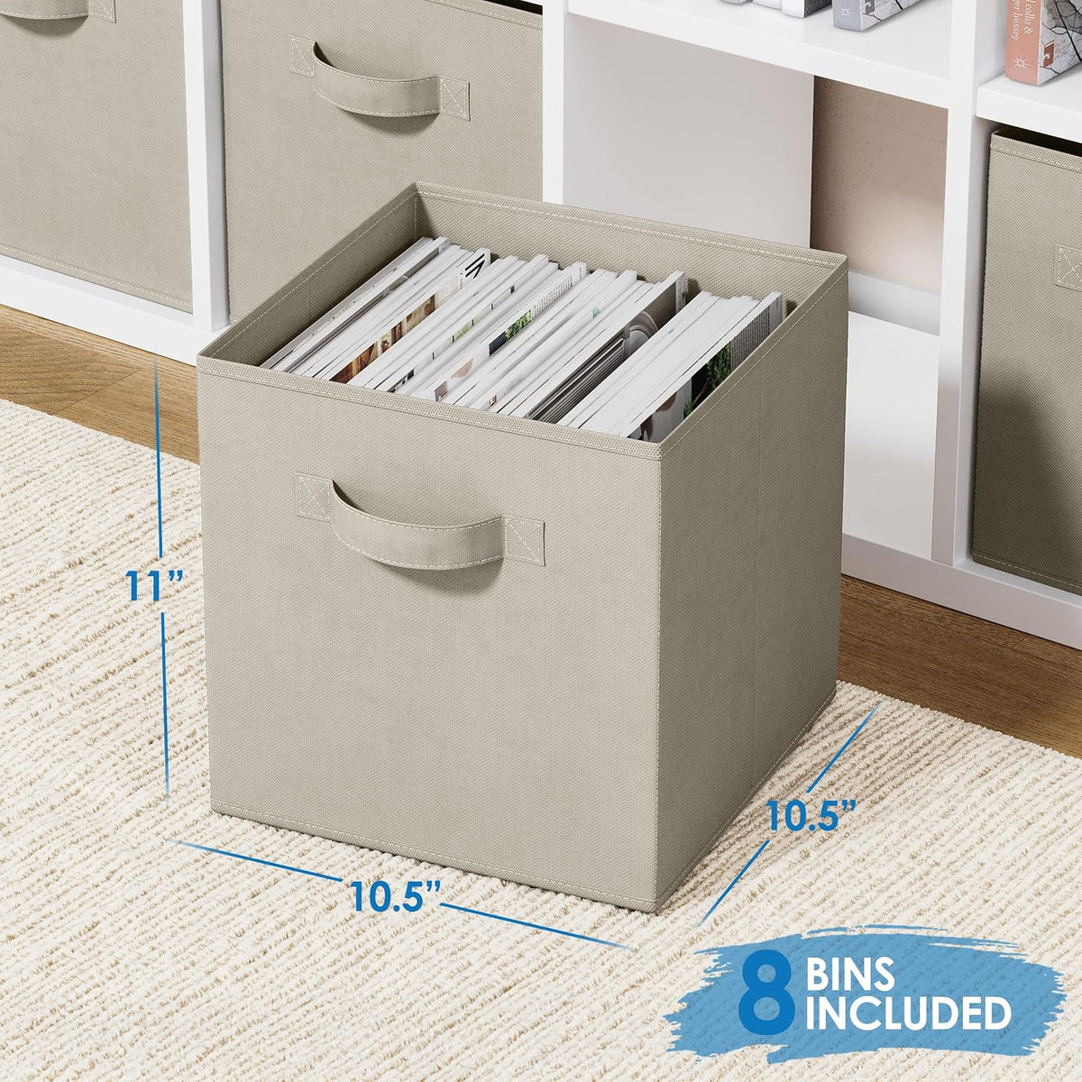Set of 8 Foldable Fabric Storage Cube Bins | Collapsible Cloth Organizer Baskets Containers | Folding Nursery Closet Drawer | Features Dual Handles | More Beautiful Colors Available (Beige)