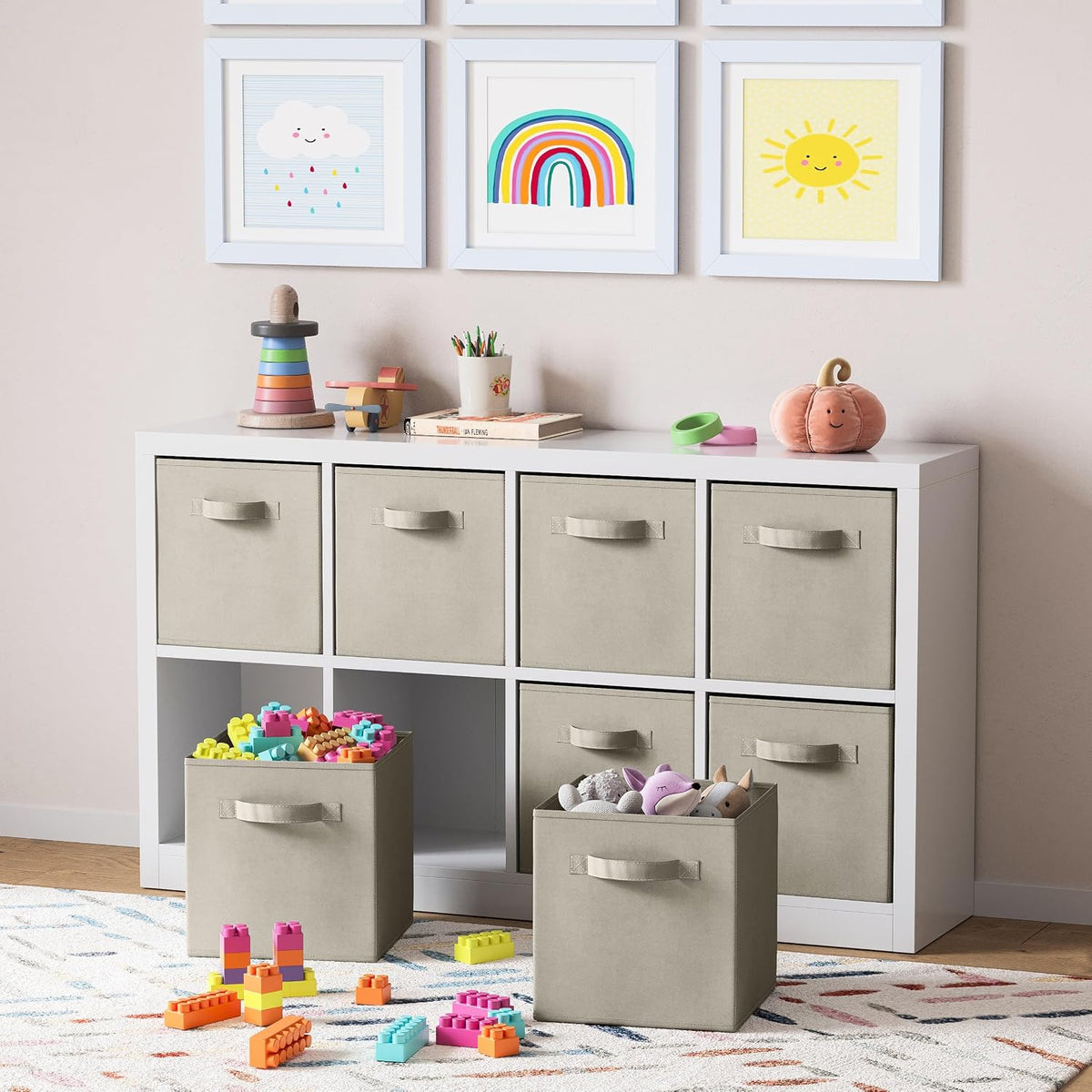 Set of 8 Foldable Fabric Storage Cube Bins | Collapsible Cloth Organizer Baskets Containers | Folding Nursery Closet Drawer | Features Dual Handles | More Beautiful Colors Available (Beige)