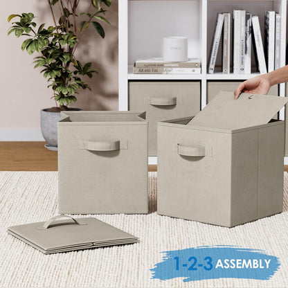 Set of 8 Foldable Fabric Storage Cube Bins | Collapsible Cloth Organizer Baskets Containers | Folding Nursery Closet Drawer | Features Dual Handles | More Beautiful Colors Available (Beige)