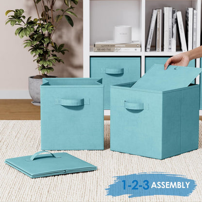 Set of 8 Foldable Fabric Storage Cube Bins | Collapsible Cloth Organizer Baskets Containers | Folding Nursery Closet Drawer | Features Dual Handles | More Beautiful Colors Available (Beige)
