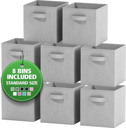 Set of 8 Foldable Fabric Storage Cube Bins | Collapsible Cloth Organizer Baskets Containers | Folding Nursery Closet Drawer | Features Dual Handles | More Beautiful Colors Available (Beige)