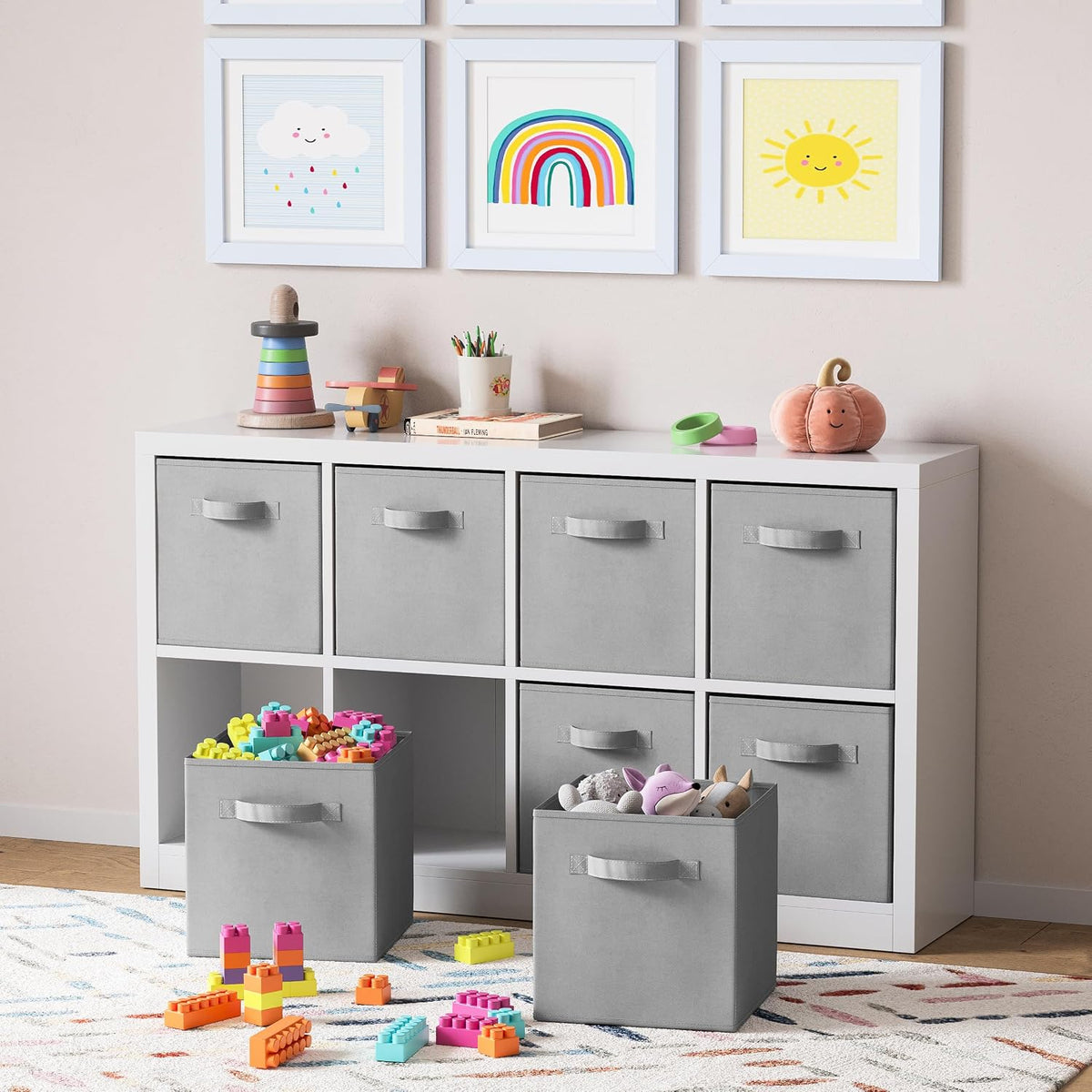 Set of 8 Foldable Fabric Storage Cube Bins | Collapsible Cloth Organizer Baskets Containers | Folding Nursery Closet Drawer | Features Dual Handles | More Beautiful Colors Available (Beige)