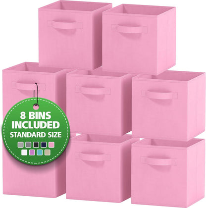 Set of 8 Foldable Fabric Storage Cube Bins | Collapsible Cloth Organizer Baskets Containers | Folding Nursery Closet Drawer | Features Dual Handles | More Beautiful Colors Available (Beige)