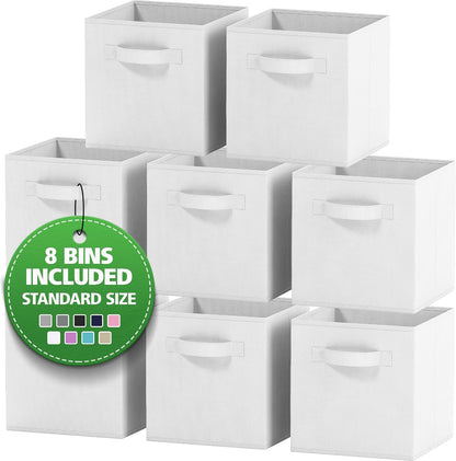 Set of 8 Foldable Fabric Storage Cube Bins | Collapsible Cloth Organizer Baskets Containers | Folding Nursery Closet Drawer | Features Dual Handles | More Beautiful Colors Available (Beige)