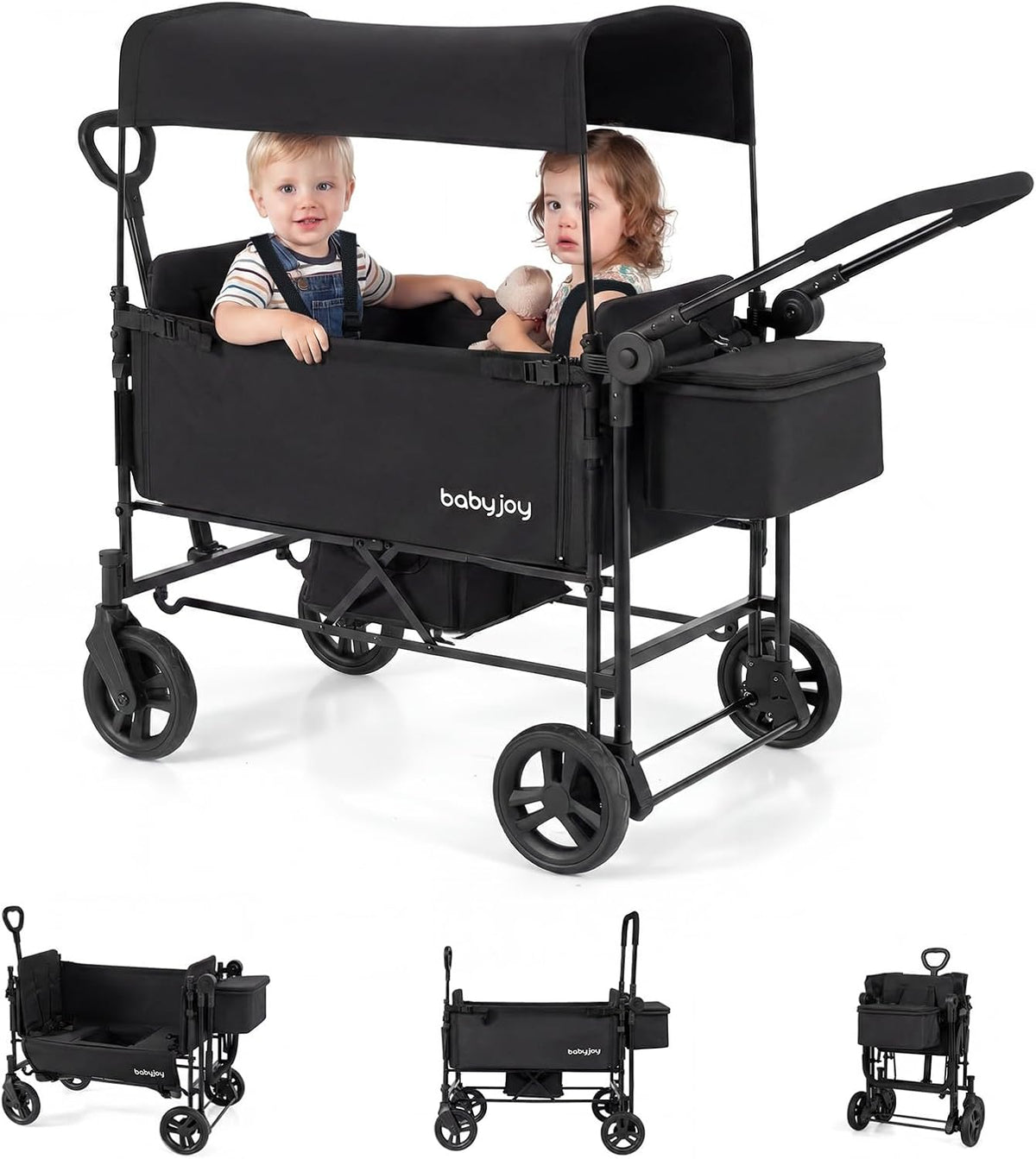Wagon Stroller for 2 Kids, Foldable Side-Unzip Stroller Wagon with Adjustable Push/Pull Handle, Removable Canopy, Storage Bag, Harness & All-Terrain Wheels for Zoo, Beach & Travel (Gray)