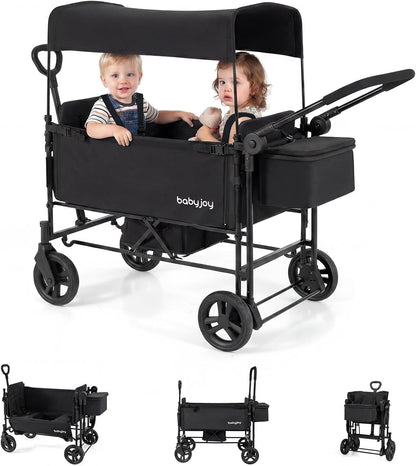 Wagon Stroller for 2 Kids, Foldable Side-Unzip Stroller Wagon with Adjustable Push/Pull Handle, Removable Canopy, Storage Bag, Harness & All-Terrain Wheels for Zoo, Beach & Travel (Gray)