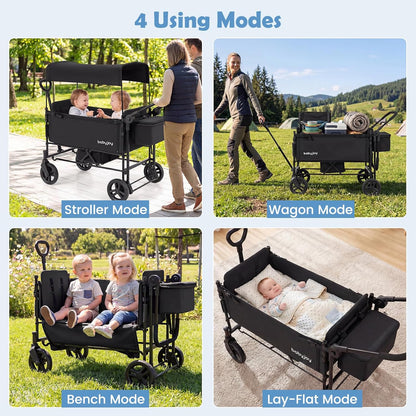 Wagon Stroller for 2 Kids, Foldable Side-Unzip Stroller Wagon with Adjustable Push/Pull Handle, Removable Canopy, Storage Bag, Harness & All-Terrain Wheels for Zoo, Beach & Travel (Gray)