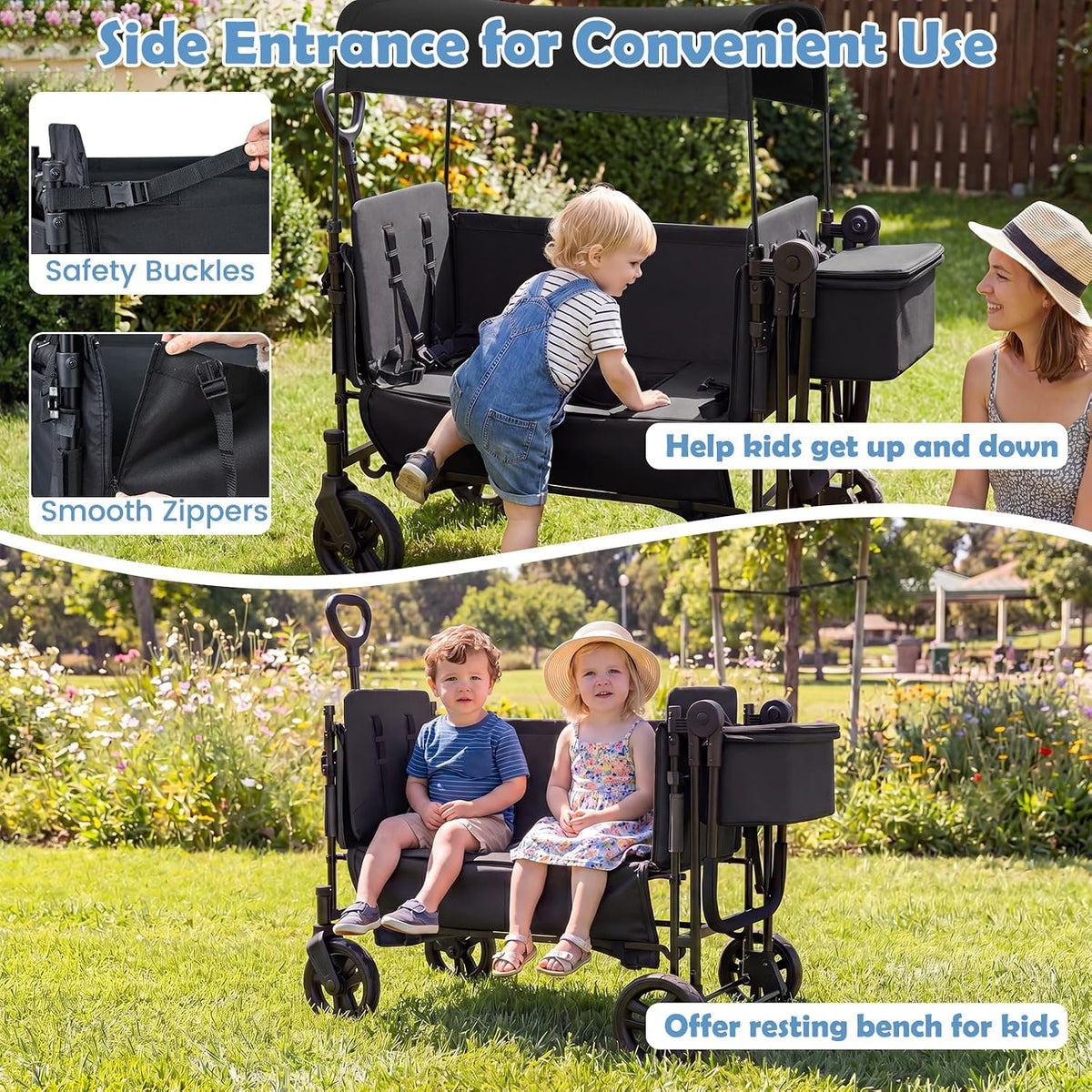Wagon Stroller for 2 Kids, Foldable Side-Unzip Stroller Wagon with Adjustable Push/Pull Handle, Removable Canopy, Storage Bag, Harness & All-Terrain Wheels for Zoo, Beach & Travel (Gray)