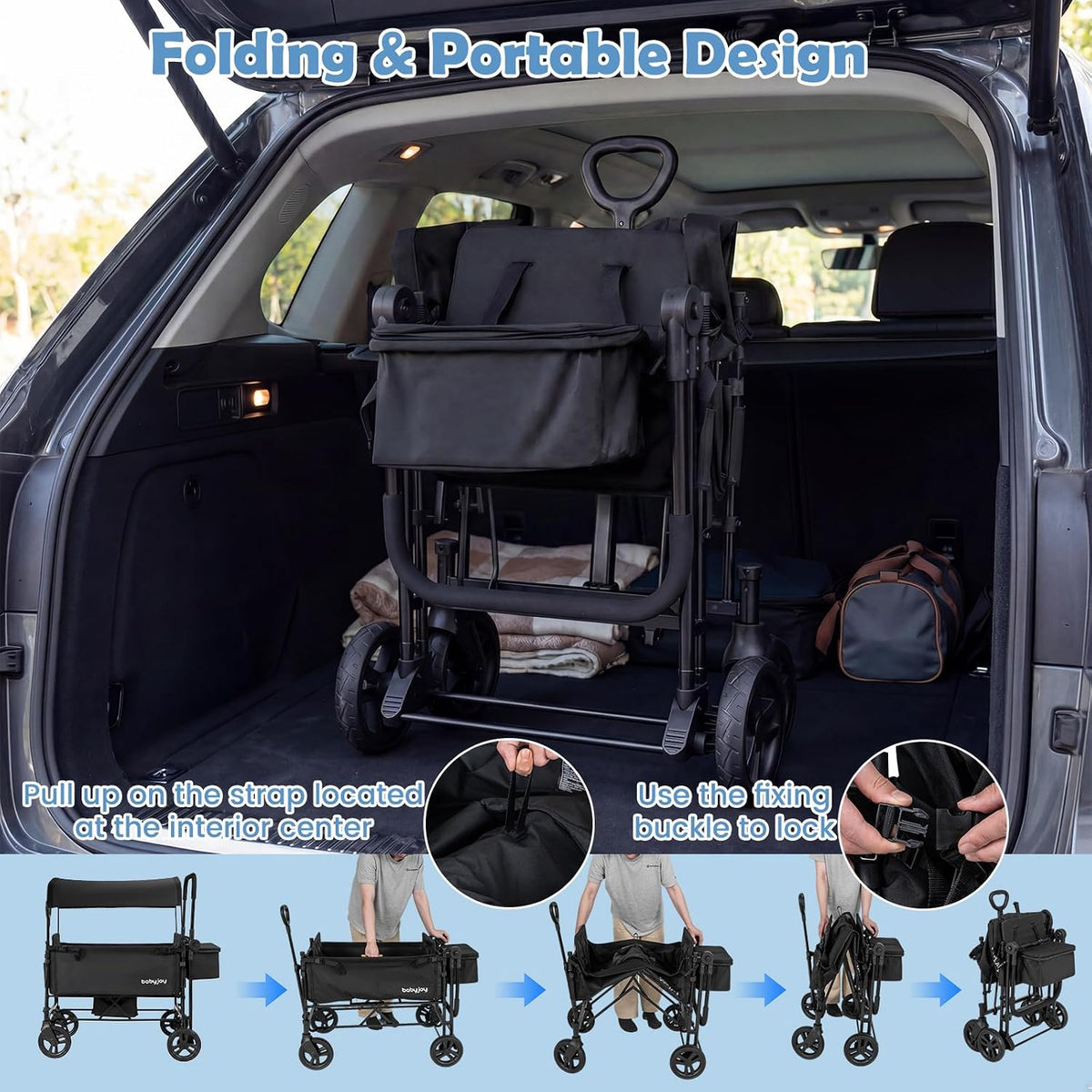 Wagon Stroller for 2 Kids, Foldable Side-Unzip Stroller Wagon with Adjustable Push/Pull Handle, Removable Canopy, Storage Bag, Harness & All-Terrain Wheels for Zoo, Beach & Travel (Gray)
